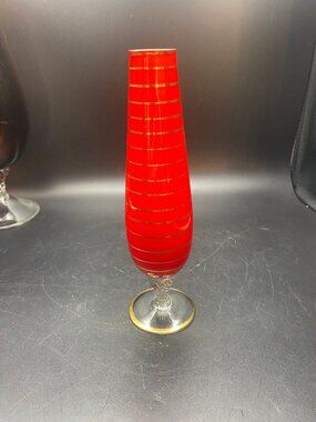 Red Pedestal Vase with Real Gold Stripes